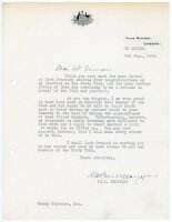 Robert Gordon Menzies. Prime Minister of Australia 1939-1941 and 1949-1966. Single page typed letter from Menzies on 'Prime Minister, Canberra' official letterhead, written 'In London', 5th June 1959. Writing to 'Mr [Henry] Grierson', thanking him for the