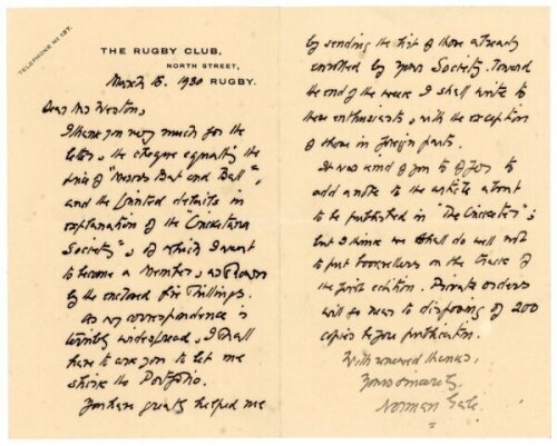 Norman Gale. Poet and cricket writer. A collection of four handwritten letters from Gale to Weston, dated March and April 1930. All four letters relate to the impending publication of Gale's, 'Messrs Bat and Ball'. In the first letter, dated 18th March, G