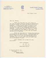 Rowan Rait Kerr. Secretary of M.C.C. 1936-1952. Single page typed letter on M.C.C. letterhead to Neville Weston. Dated 21st August 1937, Rait Kerr thanks Weston for his letter, 'which has helped me considerably in dating without doubt the first edition of