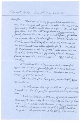 C.J. Britton. Cricket collector and writer. Two page handwritten letter to George Neville Weston, dated 26th April 1935, assumed to be shortly after the publication of Britton's biography of Gilbert Jessop. Britton thanks Weston for his 'kind appreciation