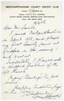 Dennis Brookes. Northamptonshire & England 1934-1959. Single pages handwritten letter in ink on Northamptonshire C.C.C. letterhead, dated 19th April 1956. Writing to 'Mr. Savill', Brookes states that he joined Northamptonshire in April 1933 and played my 