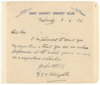 Gerald John Villiers Weigall. Cambridge University, Kent & Europeans 1891-1920. Single page hand written note on Kent C.C.C. letterhead, dated 3rd June 1926'. Weigall is replying to a request for his signature. Nicely signed 'G J V Weigall'. The letter is
