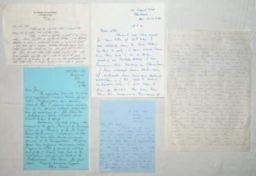 Cricketers' correspondence. Five handwritten letters including one from John Inverarity (Australia), dated 1st February 1977, responding to an invitation to speak at a dinner at Tonbridge School, three from Athol Rowan (South Africa) 4th December 1989, Ke
