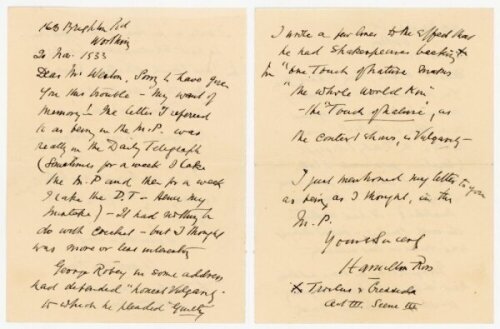 Hamilton Ross. Middlesex & Somerset (1876-1891). Two page handwritten letter in ink, dated 20th November 1933, from Ross to 'Mr Weston'. Ross is writing to correct a reference he had previously made to a letter from the comedian, George Robey, published i