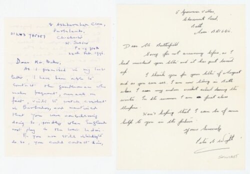 Somerset C.C.C. Two page handwritten letter from John Hemsley Cameron (Cambridge University, Somerset, Jamaica & West Indies 1934-1947) to a Mr. Baker, dated 22nd February 1996, providing details of a possible contact for a visit to Barbados to watch Engl