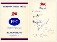 Centenary Cricket Dinner' 1977. Official menu for the dinner given by Fitzroy Football Club at the Melbourne Hilton, 10th March 1977. Signed to the rear 'autographs' page by seven attendees. Signatures are Lou Richards (compere), Frank Tyson, Max Walker, 