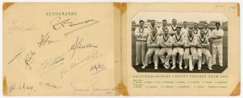 Eric Alfred Meads. Nottinghamshire 1939-1953. Original folding 'Autographs and Photograph' card produced by Nottinghamshire C.C.C. for Meads' Benefit Fund 1953. The inside autograph page signed by twelve members of the Nottinghamshire team, opposite an of