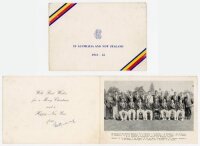 M.C.C. tour to Australia and New Zealand 1954/55. Official Christmas card with M.C.C. colours and printed title to front, printed team photograph to centre. Signed in ink by George Duckworth who was scorer and baggage master on the tour. Some wear and lig