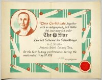 Jack Hobbs. Original certificate for 'The Star Cricket Scheme... for Schoolboys together with an autographed Jack Hobbs bat to L. Stratton, Pretoria School, Canning Town, for the best batting performance during the week ended May 20, 1939'. Nicely signed 