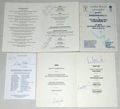 Cricket menus 1984-2004. Twenty official menus (including one programme), of which four are signed including a programme for Maidenhead C.C. v Geoffrey Boycott's Yorkshire XI, Bray 1984 signed by Boycott. Two signed by Richard Hadlee's, International Lunc