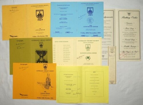 Don Bradman. Signed cricket menus. Five Australian Cricket Society menus for Annual Dinners held in 1983, 1984, 1986, 1987 and 1988, each signed by Bradman, the 1984 also signed by Ian Johnson. Sold with a Lord's Taverners Australia 'Eve of Test Match Din