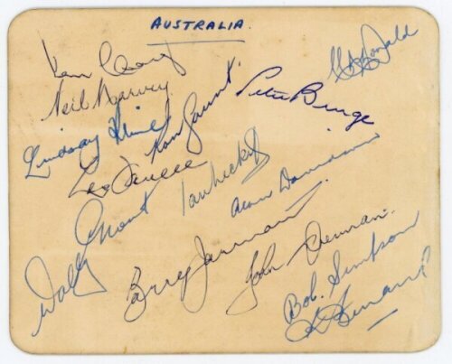 Australia tour to South Africa 1957/58. Official invitation to a cocktail party given by Mr. R.E.F. Bowley, President of the Natal Cricket Association, at the Durban Club, 22nd November 1957. The card signed in the verso in ink by fourteen members of the 