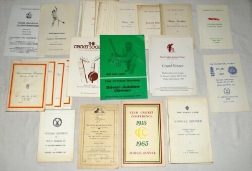 Cricket menus 1933-1998. A large selection of over eighty unsigned official menus and invitations, mainly 1960s onwards, collected by Irving Rosenwater, with the odd handwritten note in Rosenwater's own hand. Earlier menus include North Surrey C.C. Annual