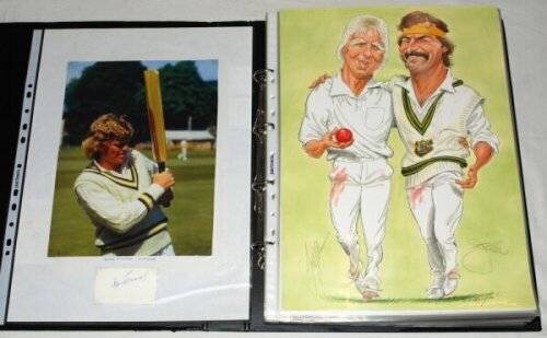 Test and County signed cricket ephemera 1970s-1980s. Large black file comprising a nicely presented and extensive selection of magazine cuttings, scorecards, signed album pages, signatures on pieces and cards, prints, the majority signed. Individual signa