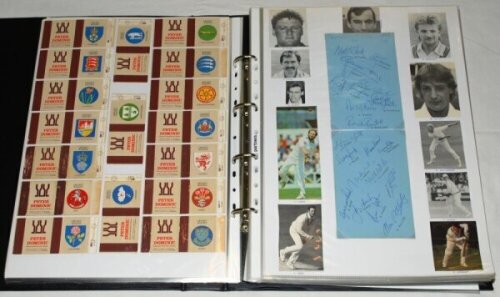 Test and County signed cricket ephemera 1988-1999. Large black file comprising a nicely presented and extensive selection of magazine cuttings, scorecards, signed album pages, autograph sheets, matchbox labels, signatures on pieces and cards, prints, coll