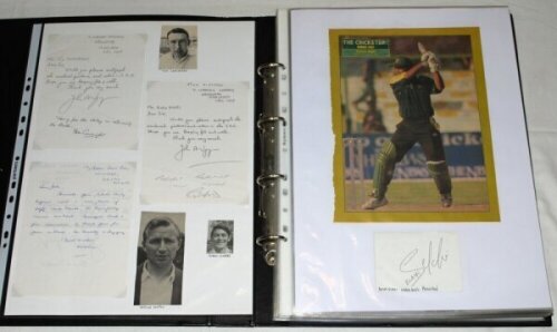 Test and County signed cricket ephemera 1990s-2000s. Large black file comprising a nicely presented and extensive selection of signed letters, signatures on pieces and cards, magazine pullout posters, player postcards, the odd scorecard etc. Signed letter