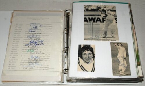 Test and County signatures and scorecards 1979-1986. White file comprising a large and nicely compiled selection of signatures on cuttings, pieces, album pages and sheets, letters, also over ninety official scorecards for the period with the odd match tic