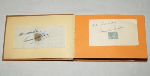 Cricket and other autographs late 1950s. Fawn faux leather autograph book comprising signed letters and pieces laid down to pages. Sixty seven signatures in total, the majority in ink of cricketers including Brian Taylor, Brian Statham, Doug Insole, Colin
