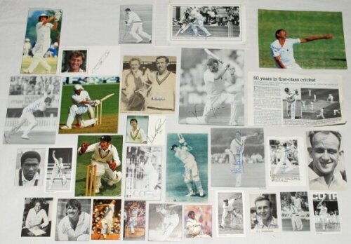 International Test and County cricketers' signatures 1950s-1990s. A selection of forty good signatures of cricketers on cuttings and cards. Signatures include Fred Trueman, Alec Bedser, Trevor Bailey, Eddie Phillipson, Derek Underwood, Frank Tyson, Pat Po