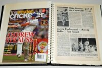 Test cricketers signatures 1970s-1990s. Album comprising over forty signatures on pages cut from magazines. Signatures include David Boon, Jason Gillespie (Australia), Mike Brearley, Neil Fairbrother, Andrew Strauss, Bob Woolmer, Angus Fraser (England), S