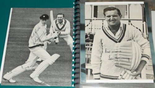 England Test cricketers. 1960s-1970s. Album comprising forty printed images, the majority laid to card, each signed by the featured player. Signatures include Ted Dexter, Mike Denness, Tom Graveney, Fred Titmus, Roger Prideaux, Derek Underwood, Arthur Mil