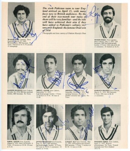 Pakistan tour to England 1978. Two trimmed magazine extracts of pen pictures of the seventeen members of the Pakistan touring party, each signed by the featured player. Signatures are Wasim Bari (Captain), Wasim Raja, Aamer Hameed, Abdul Qadir, Arshad Per