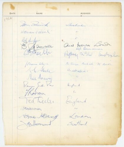 Australia tour to England 1961. Three large pages taken from a hotel guest book, signed to three sides by sixteen playing members of the tour, including Benaud (Captain), Mackay, McDonald, McKenzie, Lawry, Burge, Gaunt, Misson, Kline, Grout, Davidson, Qui