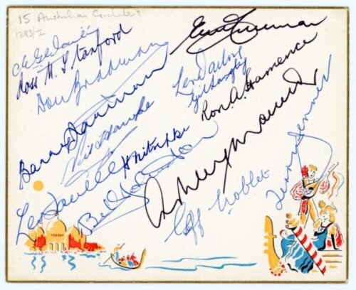 Australia cricketers 1930s-1980s. Decorative card signed in ink by fifteen Australian cricketers. Signatures include Don Bradman, Barry Jarman, Neil Hawke, Les Flavell, Jack Nitschke, Ross Standford, , Bill Johnston, Eric Freeman, Len Darling, Gil Langle