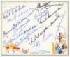 Australia cricketers 1930s-1980s. Decorative card signed in ink by fifteen Australian cricketers. Signatures include Don Bradman, Barry Jarman, Neil Hawke, Les Flavell, Jack Nitschke, Ross Standford, , Bill Johnston, Eric Freeman, Len Darling, Gil Langle