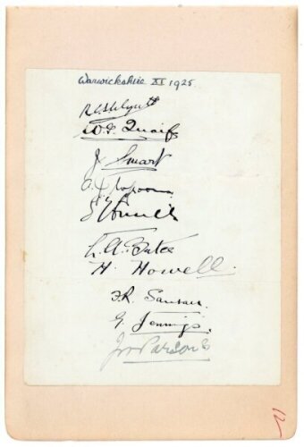 Warwickshire C.C.C. 1925. Album page laid down to slightly larger album page, nicely signed in ink by ten members of the 1925 Warwickshire team. Signatures are Wyatt, W.G. Quaife, Smart, Croom, Smith, Bates, Howell, Santall, Jennings and Parsons. Annotate