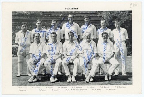 Somerset C.C.C. 1966. Mono printed photograph of the Somerset team c.1966 seated and standing in rows wearing cricket attire. Printed names to lower border. Signed in blue ink by all twelve featured players. Signatures are C.R.M. Atkinson (Captain), Clayt