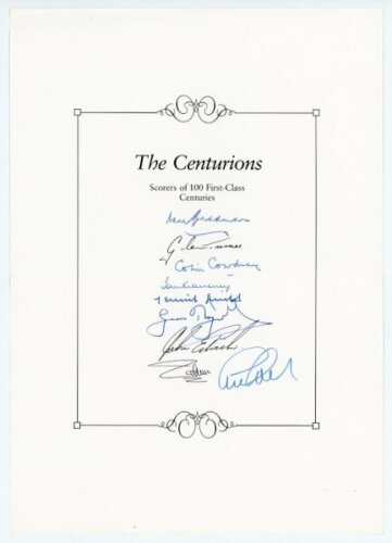 'The Centurions- Scorers of 100 First-Class Centuries'. Headed book insert by Boundary Books containing the ink signatures of nine players who have achieved the feat. Signatures, nicely signed in ink, by Don Bradman, Glenn Turner, Colin Cowdrey, Tom Grave