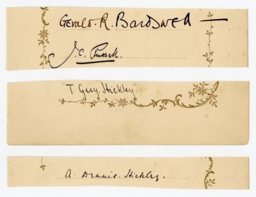 Gerald Roscoe Bardswell. Oxford University & Lancashire 1894-1902. Excellent signature in black ink of Bardswell on album page scrap with another unknown signature, and two others, each on similar album page scraps. Sold with 'Cricket Memorabilia Society 