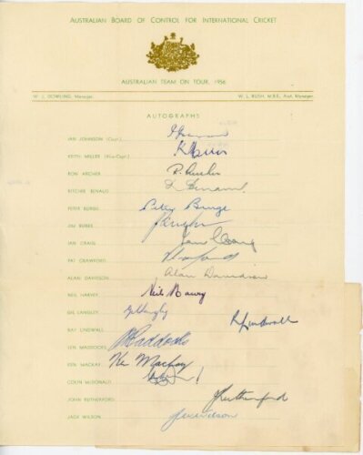 Australia tour to England 1956. Official autograph sheet fully signed in ink by all seventeen members of the Australian touring party. The page laid down to album page. Signatures include Johnson (Captain), Miller, Archer, Benaud, Burge, Burke, Craig, Cra