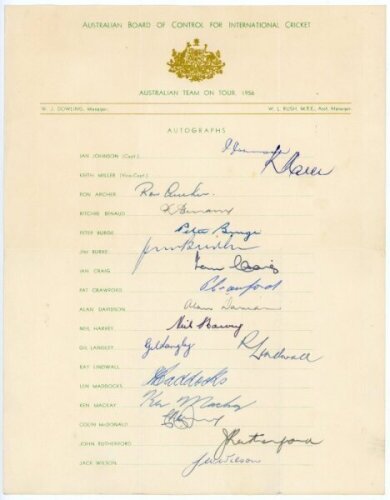 Australia tour to England 1956. Official autograph sheet fully signed by the seventeen members of the Australian touring party. Signatures are Johnson (Captain), Miller, Archer, Benaud, Burge, Burke, Craig, Crawford, Davidson, Harvey, Langley, Lindwall, M