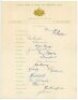 Australia tour to England 1956. Official autograph sheet fully signed by the seventeen members of the Australian touring party. Signatures are Johnson (Captain), Miller, Archer, Benaud, Burge, Burke, Craig, Crawford, Davidson, Harvey, Langley, Lindwall, M