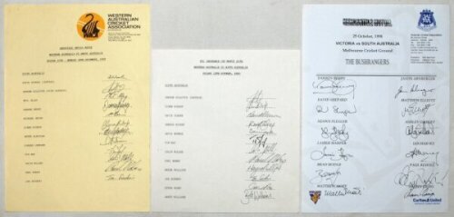 South Australia 1989-1998. Three official autograph sheets for South Australia v Western Australia, Perth 15th- 18th December 1989, and 12th October 1990, and v Victoria, Melbourne 25th October 1998. All three sheets fully signed by the listed players. Si