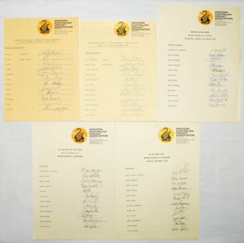 Western Australia and Queensland 1982-1990. Five official autograph sheets on Western Australian Cricket Association letterheads for Western Australia teams for 'home' matches played v Queensland. Matches are 3rd- 6th December 1982, 23rd- 26th November 19