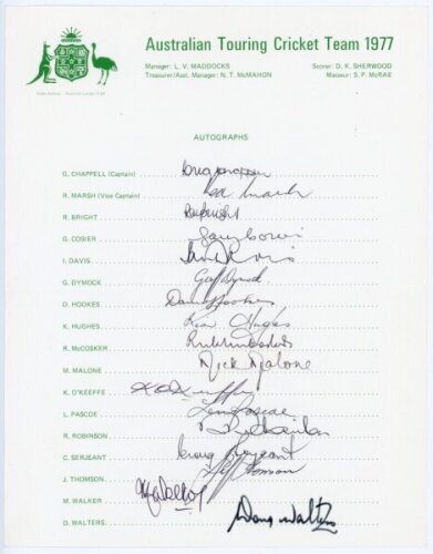 Australian tour to England 1977. Official autograph sheet fully signed in black ink by all seventeen members of the touring party. Signatures are Chappell (Captain), Marsh, Bright, Cosier, Davis, Dymock, Hookes, Hughes, McCosker, Malone, O'Keeffe, Pascoe,