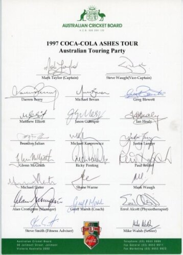 Australia tour to England 1997. Official autograph sheet signed by all twenty two members of the Australian touring party. Signatures include Taylor (Captain), S. Waugh, Bevan, Blewett, Elliott, Gillespie, Healy, Julian, Kasprowicz, Langer, McGrath, Ponti