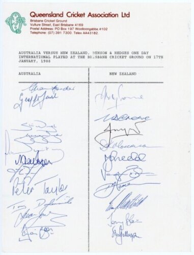 Australia v New Zealand 1988. Official Queensland Cricket Association autograph sheet for the one day international played at Brisbane, 17th January 1988. Eleven Australia signatures including Border, Marsh, S. Waugh, Taylor, Dodemaide, Jones, Boon etc. T