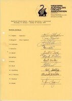 Western Australia 1984/85 and 1999/2000. Two official autograph sheets, one for the Sheffield Shield match v Queensland, Perth, 17th- 20th January 1985, fully signed by Hughes, Shipperd, Alderman, Gonnella, Marsh, Reid, Spalding, Veletta, Zoehrer, Hogan e