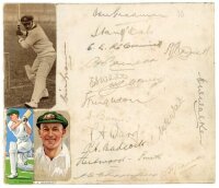 The Ashes. Australia tour to England 1938. Page fully signed in ink by all seventeen members of the Australian touring party. Signatures are Bradman (Captain), McCabe, McCormick, Barnett, White, O'Reilly, Fingleton, Barnes, Ward, Badcock, Fleetwood-Smith,