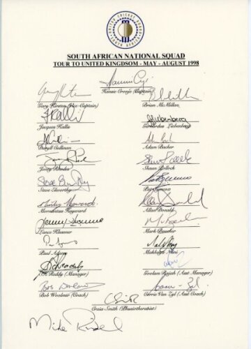 South Africa tour to England 1998. Official autograph sheet fully signed by all twenty three members of the South African touring party. Signatures include Cronje (Captain), Kirsten, Kallis, Cullinan, Rhodes, Klusener, Adams, McMillan, Liebenberg, Pollock