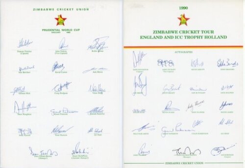 Zimbabwe 1983 & 1990. Two official autograph sheets of Zimbabwe touring parties, one for the Prudential World Cup in England 1983, the other for the tour to England and the I.C.C. Trophy in Holland 1990. Both fully signed by the listed players. Signatures