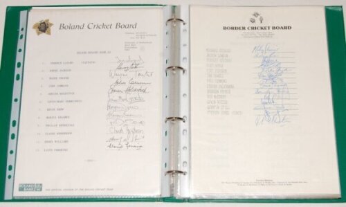 South African Provincial cricket 1989/90-1992/93. Green file comprising over thirty official autograph sheets and the odd scorecard for the period, the majority fully signed by the listed players. Teams include Boland (Qty 3), Border (2), Eastern Province