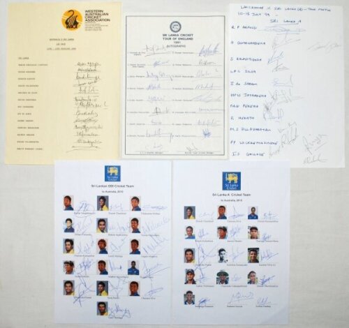 Sri Lanka 1988-2010. Four official autograph sheets and one unofficial for Sri Lanka v Australia, first Test, Perth 12th- 16th February 1988, tour to England 1991, Sri Lanka 'A' tour match v Lancashire, 10th- 13th July 1999, one day international tour to 