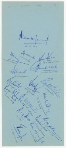 Sri Lanka tour to England 1981. Two joined album pages nicely signed in blue ink by all seventeen members of the Sri Lanka touring party, with each player's name annotated in pencil below the signature. Signatures include Warnapura (Captain), Fernando, Ra