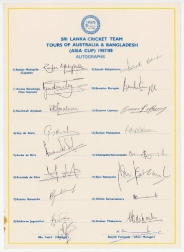 Sri Lanka tour to Australia & Bangladesh (Asia Cup) 1987/88. Official autograph sheet fully signed by all 18 members of the Sri Lanka touring party. Signatures include Madugalle (Captain), Ranatunga, Asoka De Silva, Aravinda de Silva, Kuruppu, Labrooy, Ma