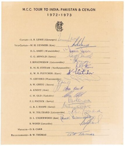 M.C.C. tour to India, Pakistan & Ceylon 1972/73. Official autograph sheet signed by all sixteen playing members of the M.C.C. touring party. Signatures are Lewis (Captain), Denness, Amiss, Arnold, Birkenshaw, Cottam, Fletcher, Gifford, Greig, Knott, Old, 